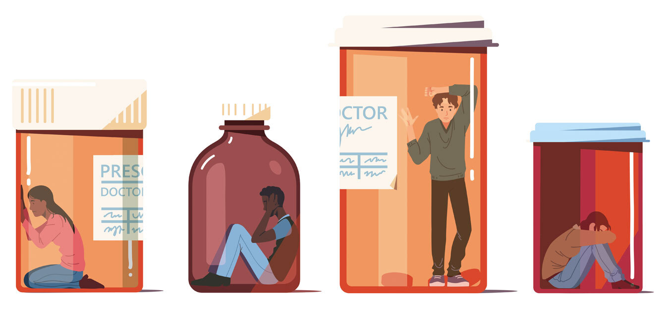 An illustration of people trapped inside of prescription bottles.