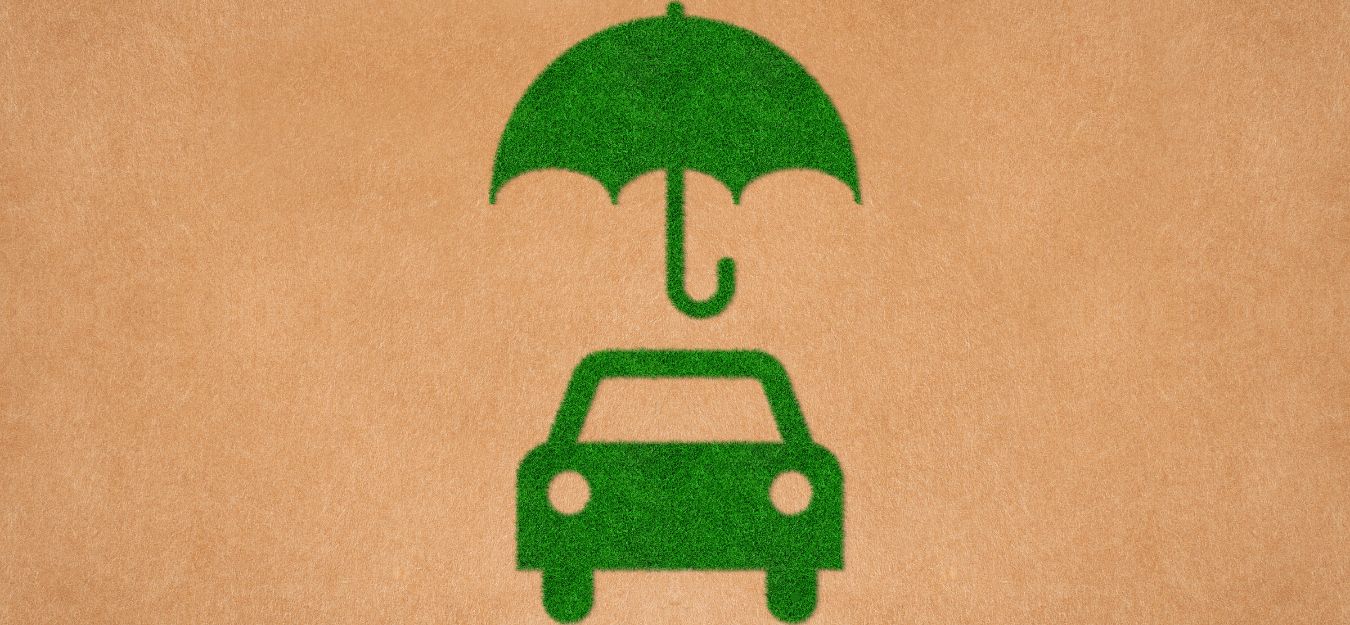 An illustration of a green car with a green umbrella over top of it, on a light brown background.