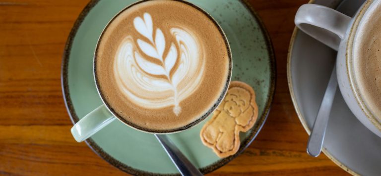 A latte with floral art and a cookie shaped like a dog.