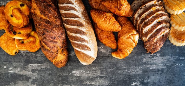 Different types of bread laid out together.